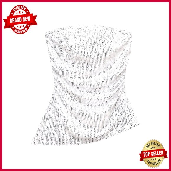 Tops - Glitter Sequin Strapless Tube Top Ruched Asymmetrical Bandeau Size Small